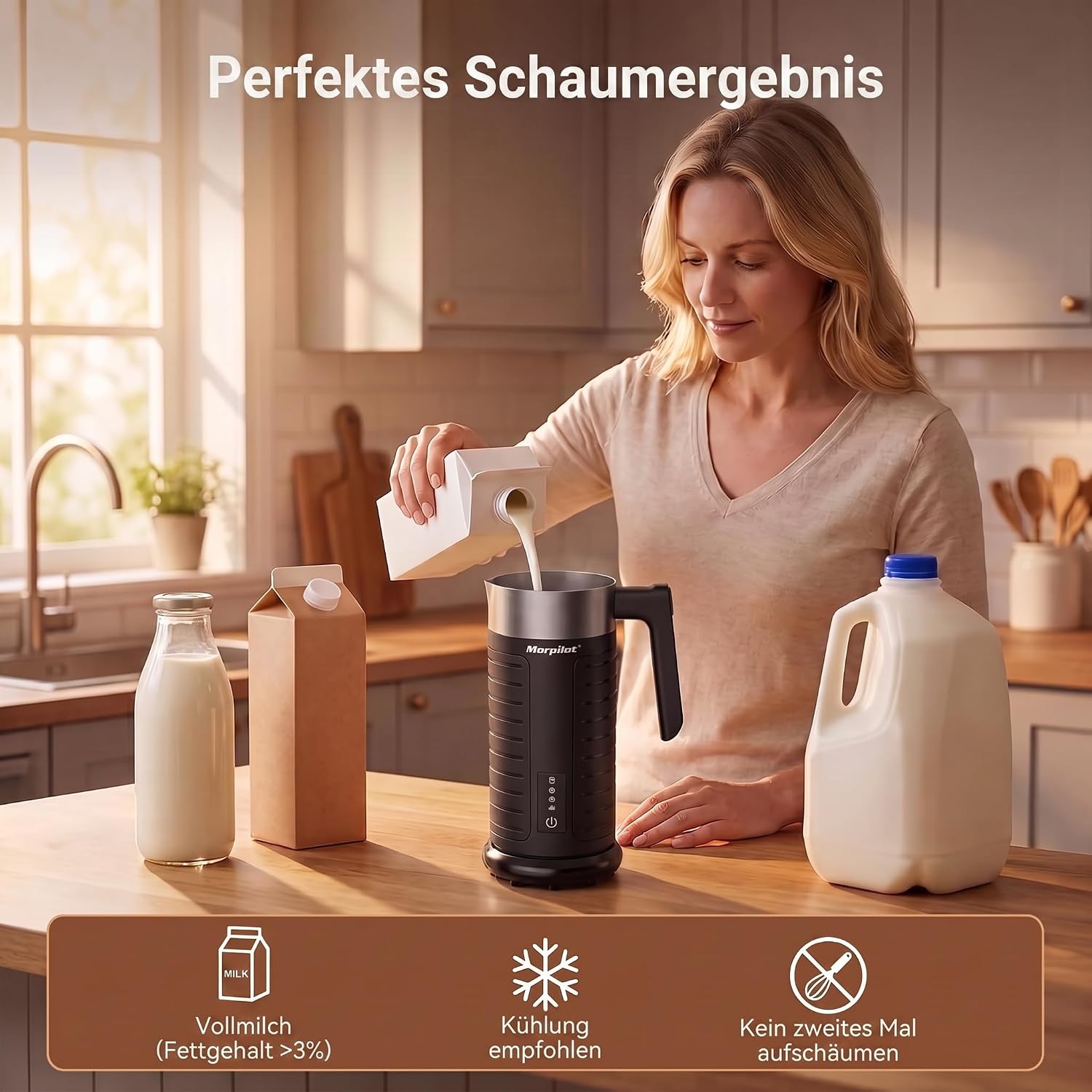 Milchaufschäumer elektrisch 4 in 1 leise & schnell 75 ml – 240 ml für heißen & kalten Milchschaum Edelstahl für Latte Macchiato & Cappuccino – Thumbnail 6