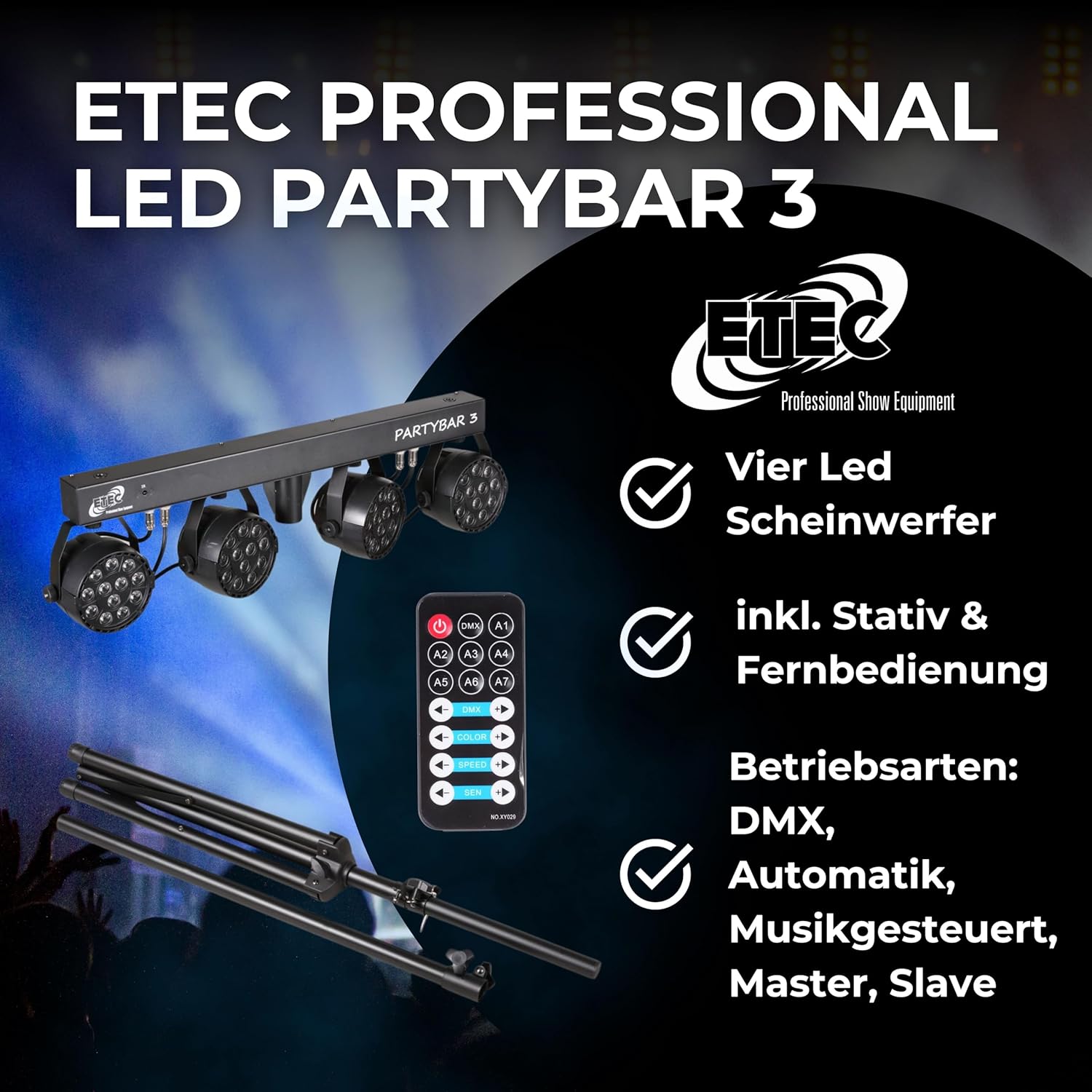 LED PARTYBAR 4 x 12W professional Lichtanlage RGBW Scheinwerfer inkl. Stativ & Fernbedienung Komplettset – 3