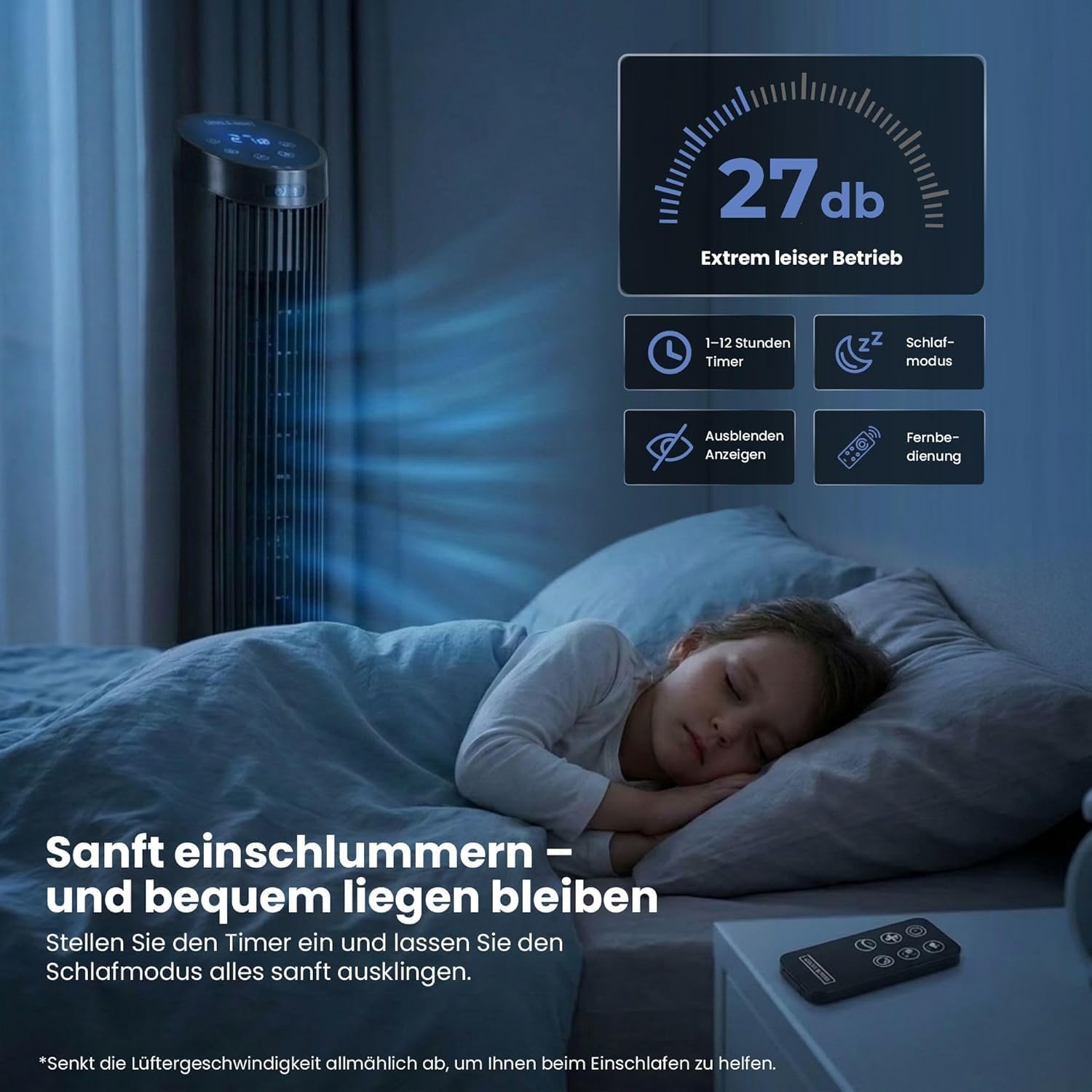 Turmventilator Standventilator Wurfweite 7,5 m Ventilator Fernbedienung leise 27-dB fürs Schlafzimmer 91 cm (36 Zoll) 4 Geschwindigkeitsstufen 7,5 m/s Oszillationsfunktion mit 12-Stunden-Timer – 5