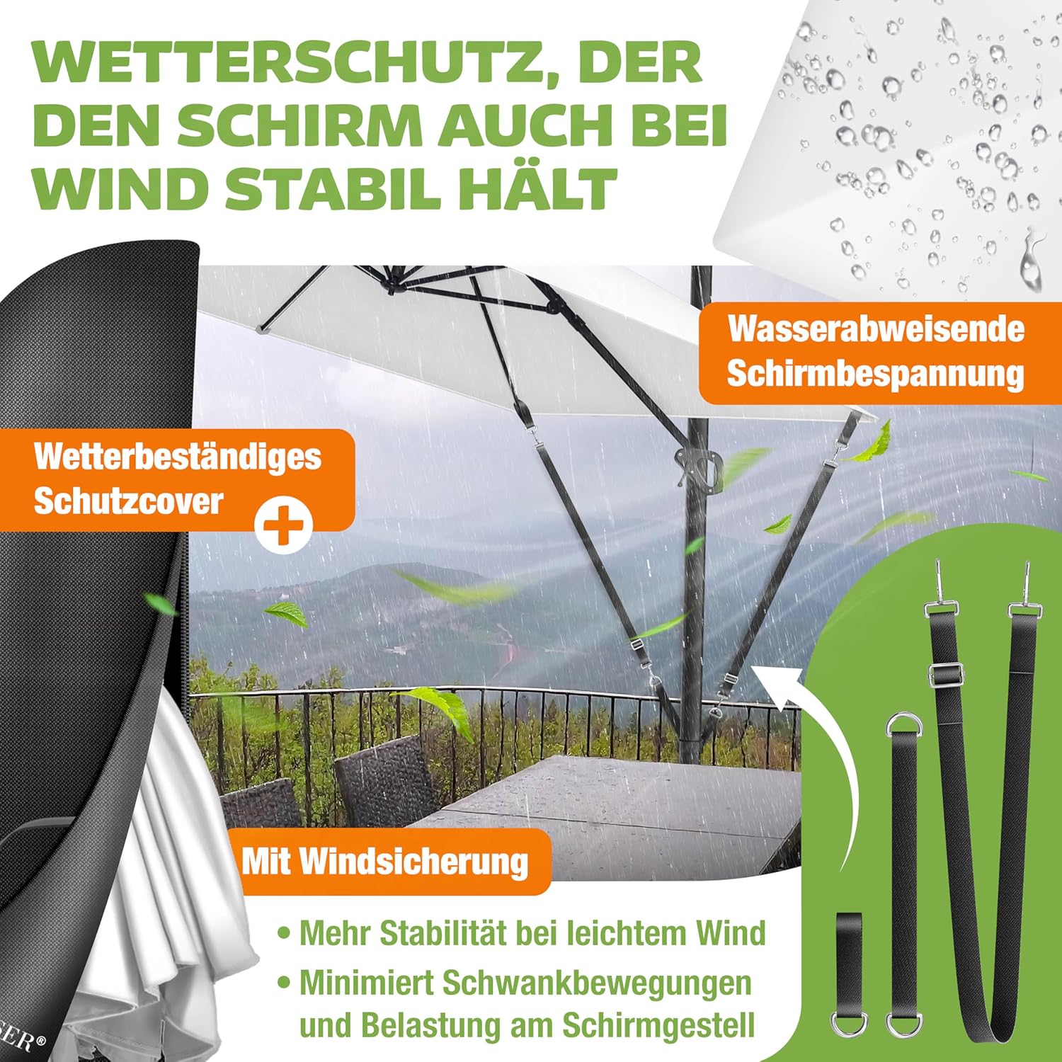 Sonnenschirm LED Beleuchtung Ampelschirm Marktschirm 300 x 300 cm inkl. Abdeckung + Windsicherung drehbar neigbar kippbar groß 360° Rotation Gartenschirm Kurbel – Thumbnail 7