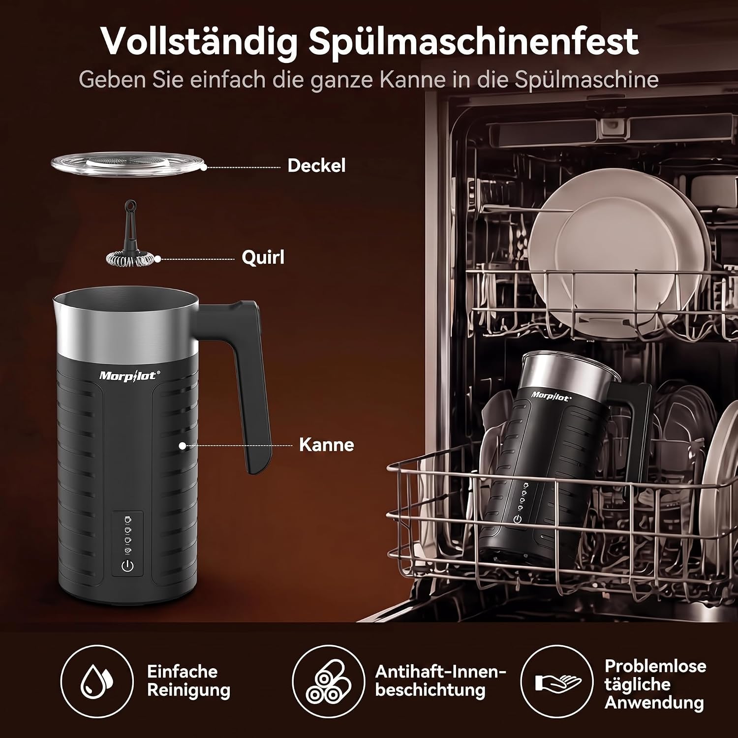 Milchaufschäumer elektrisch 4 in 1 leise & schnell 75 ml – 240 ml für heißen & kalten Milchschaum Edelstahl für Latte Macchiato & Cappuccino – 3