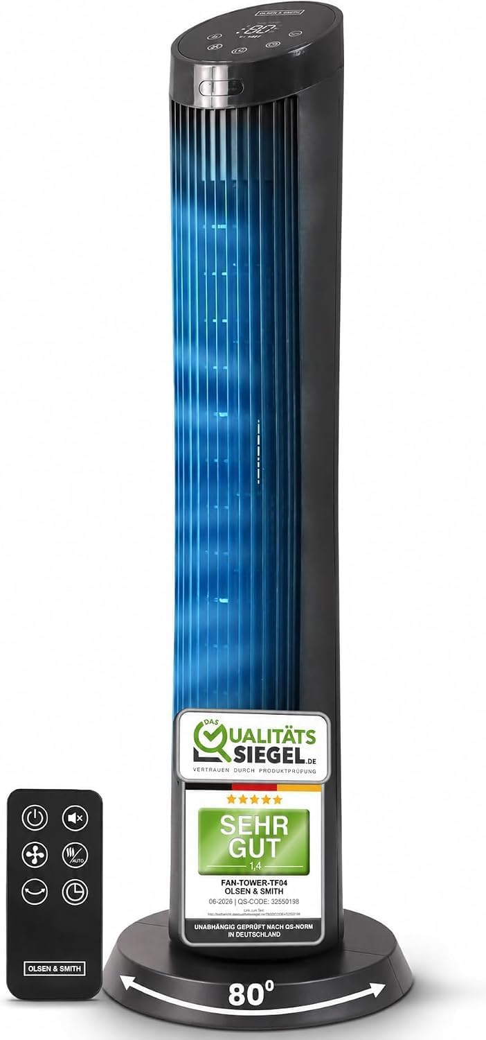 Turmventilator Standventilator Wurfweite 7,5 m Ventilator Fernbedienung leise 27-dB fürs Schlafzimmer 91 cm (36 Zoll) 4 Geschwindigkeitsstufen 7,5 m/s Oszillationsfunktion mit 12-Stunden-Timer – Thumbnail 7