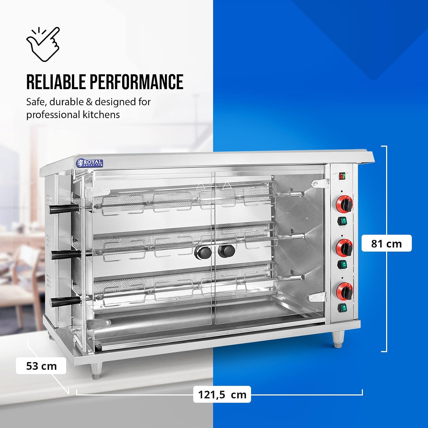 Catering Hähnchengrill Gas 3 Spieße = 3 x 5 Hähnchen mit Beleuchtung 3 x 5 kW Edelstahl gehärtetes Glas Gastro-Hähnchengrill – 2