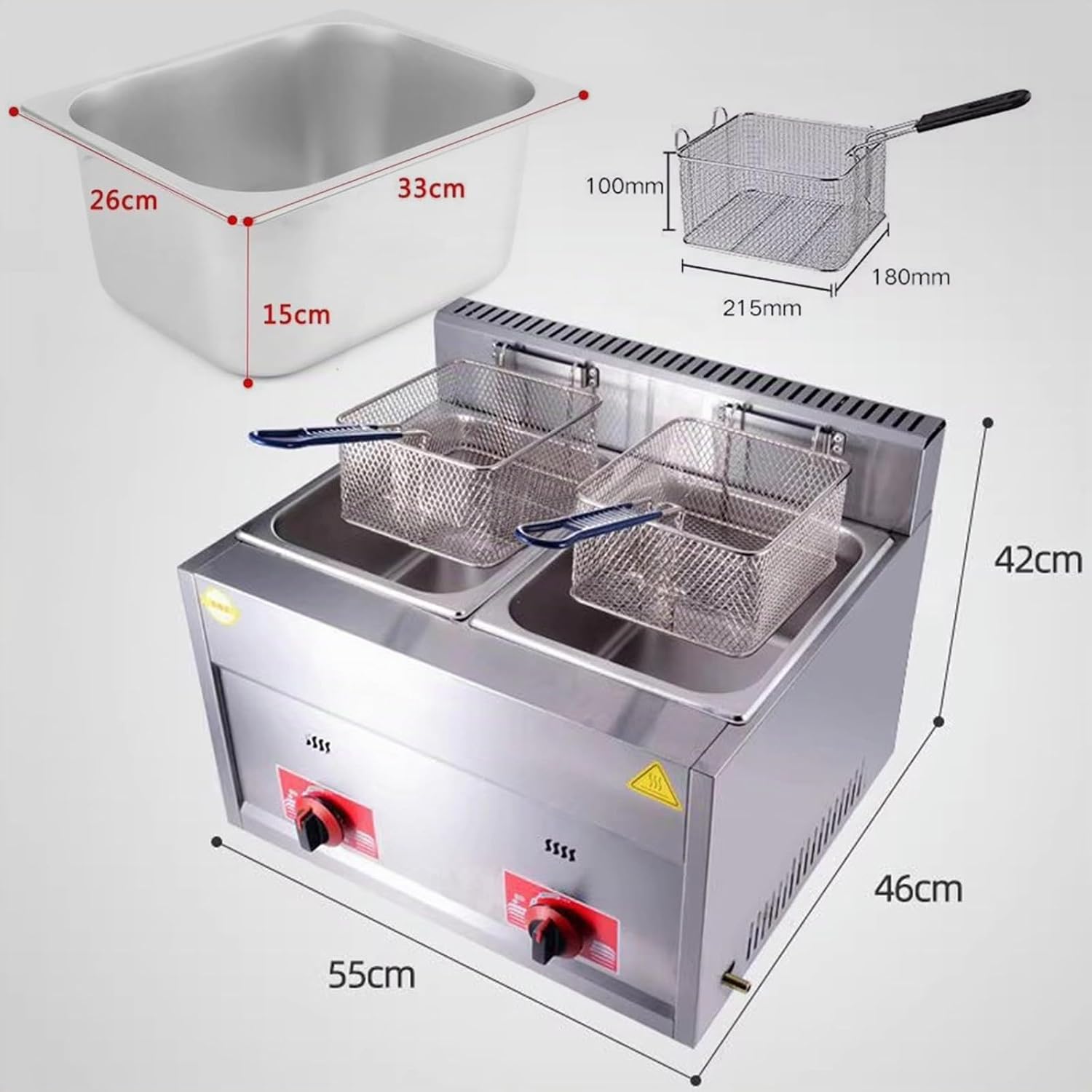 Gas Fritteuse 20 L = 2 x 10 L kommerziell Edelstahl Fritteuse mit Frittierkorb und Deckel Temperatur einstellbar Frittiermaschine für Heimküche Restaurants Imbissstuben – 3