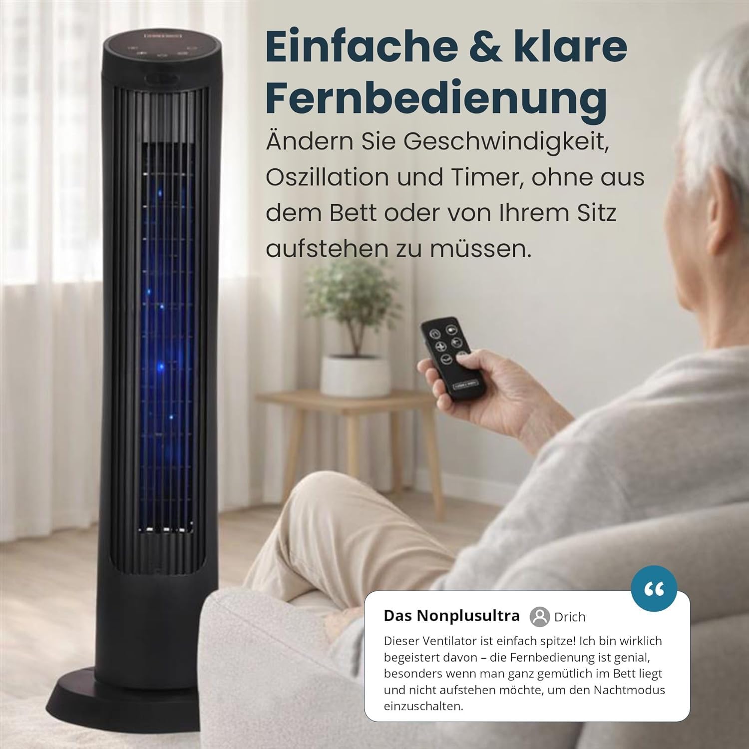 Turmventilator Standventilator Wurfweite 7,5 m Ventilator Fernbedienung leise 27-dB fürs Schlafzimmer 91 cm (36 Zoll) 4 Geschwindigkeitsstufen 7,5 m/s Oszillationsfunktion mit 12-Stunden-Timer – Thumbnail 6