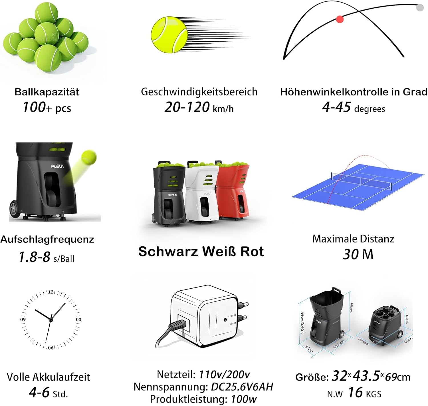 Tennisballmaschine Profi Ballwerfer Tennisball Maschine mit APP-Steuerung App für Apple Watch 20 Landepunkte & 12 Modi Smart Tennis Trainer für alle Spielniveaus 4-6 Std. Laufzeit – 3