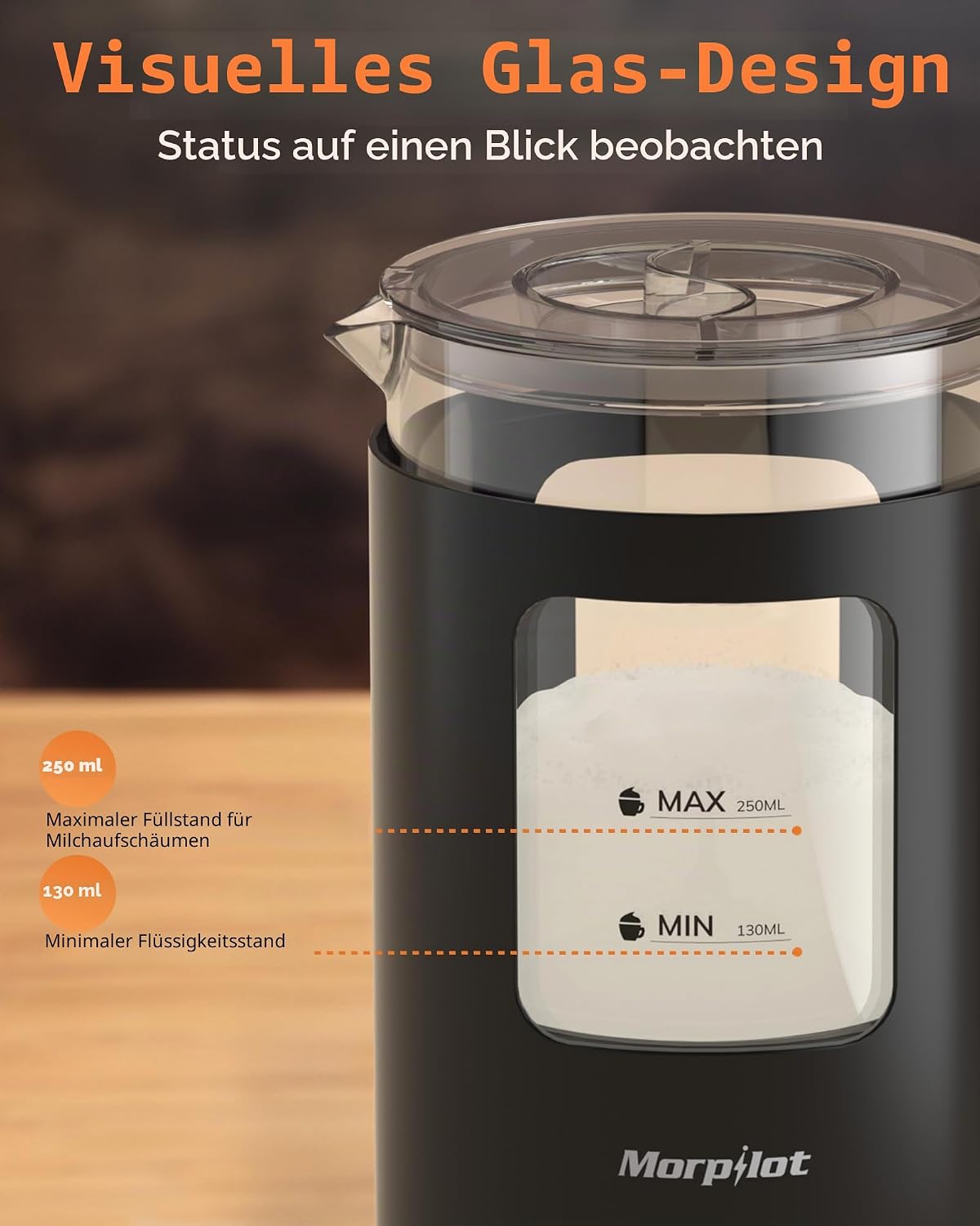 Milchaufschäumer 600 ml elektrisch 4 in 1 für Heiß- und Kaltgetränke 550W Latte-Design visuelles Glas leicht zu reinigen schwarz Catering + Veranstalter – 3