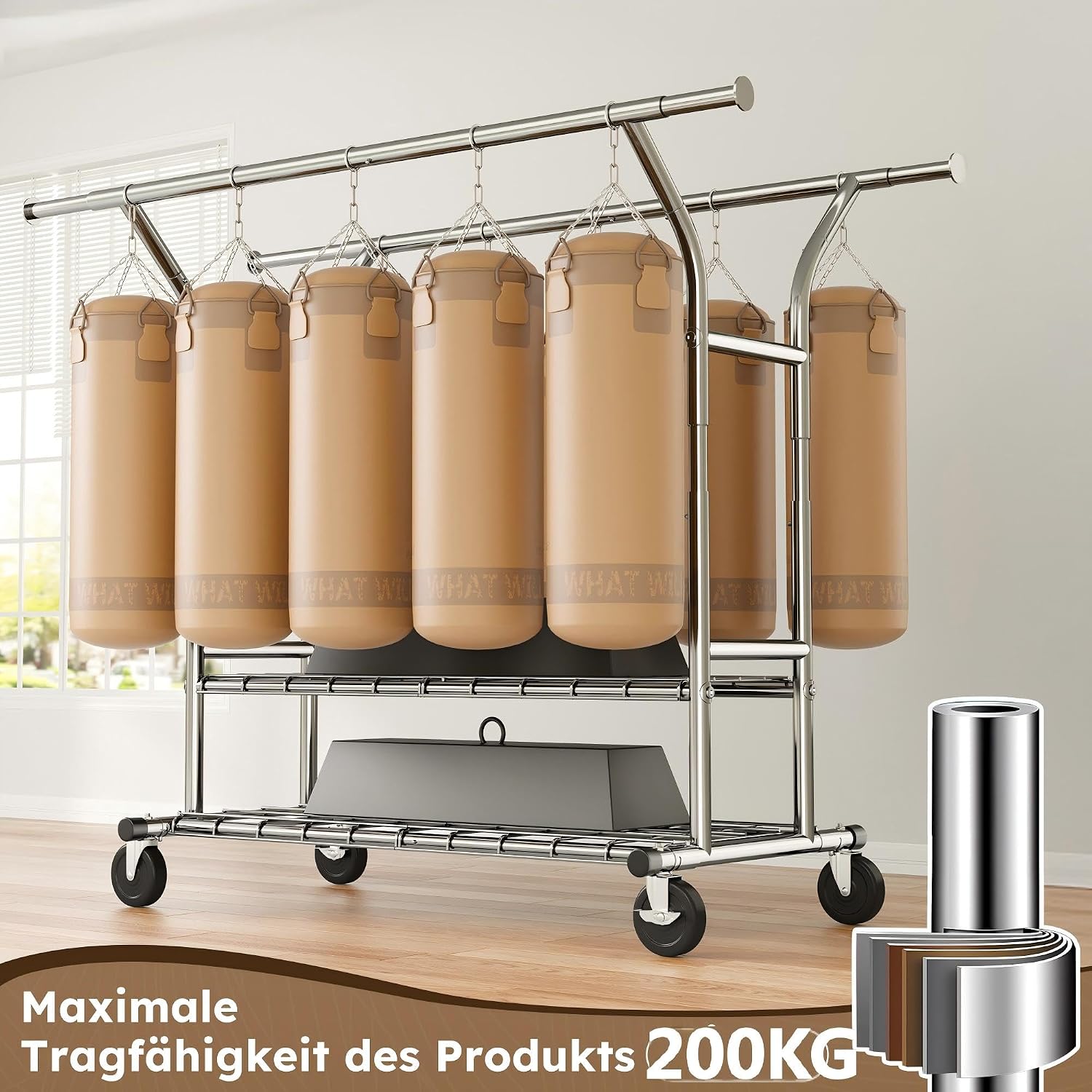 Doppelkleiderständer 200 kg Traglast Kleiderständer Breite verstellbar 128-189 cm ausziehbar auf Rollen 2 zusätzlichen Abstellflächen – Thumbnail 6