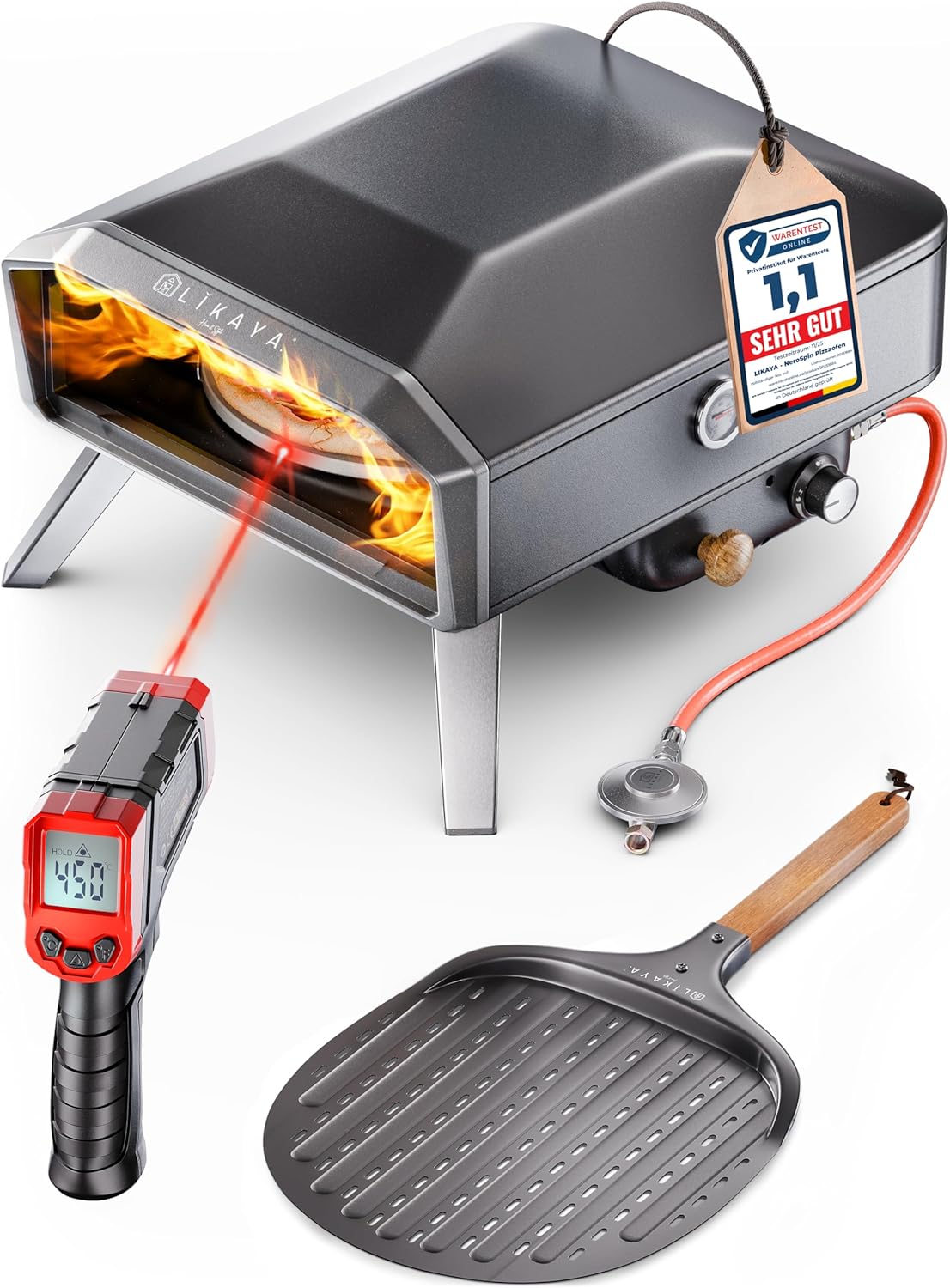 Pizzaofen Gas 6,2kW Outdoor 450°C Gas Pizza Ofen Outdoor Pizzastein Drehteller Pizzaschaufel Tasche & Laser Thermometer