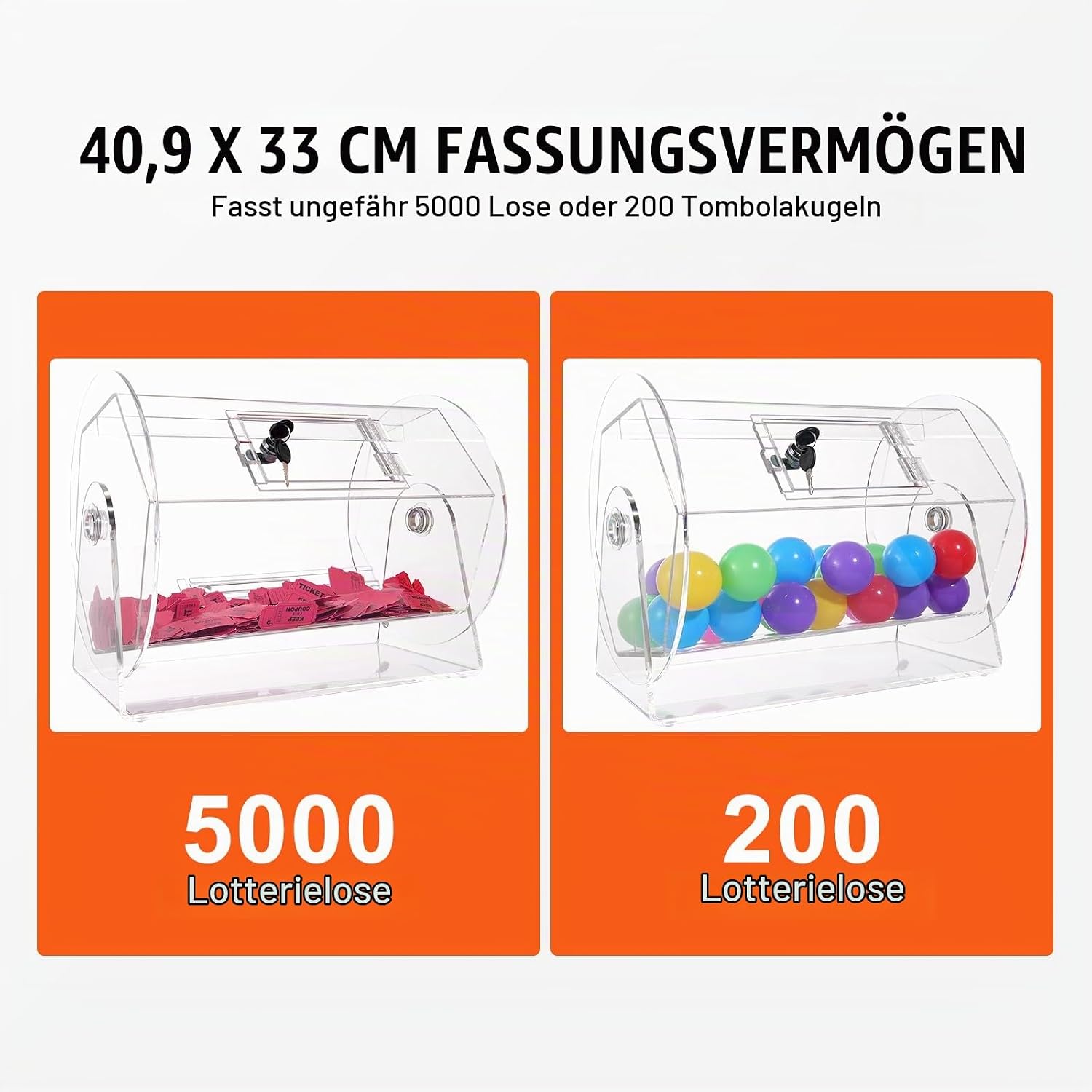 Lotteriespiel Lostrommel 5000 Lose oder 200 Tombola-Kugeln Fassungsvermögen professioneller Los-Drehkäfig mit 2 Schlüsseln transparente Lotterie-Drehscheibe Losbox – 5