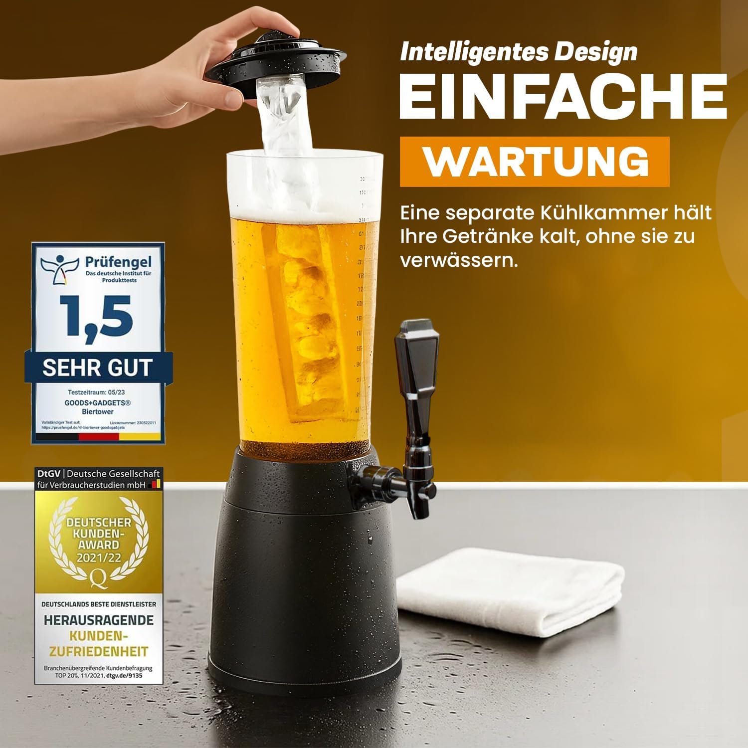 Biertower 4 Liter Kult Biersäule mit LED-Beleuchtung & Eiskühlung XXL Trinksäule Getränkespender mit Präzisions-Zapfhahn Robuste Zapfsäule – 4