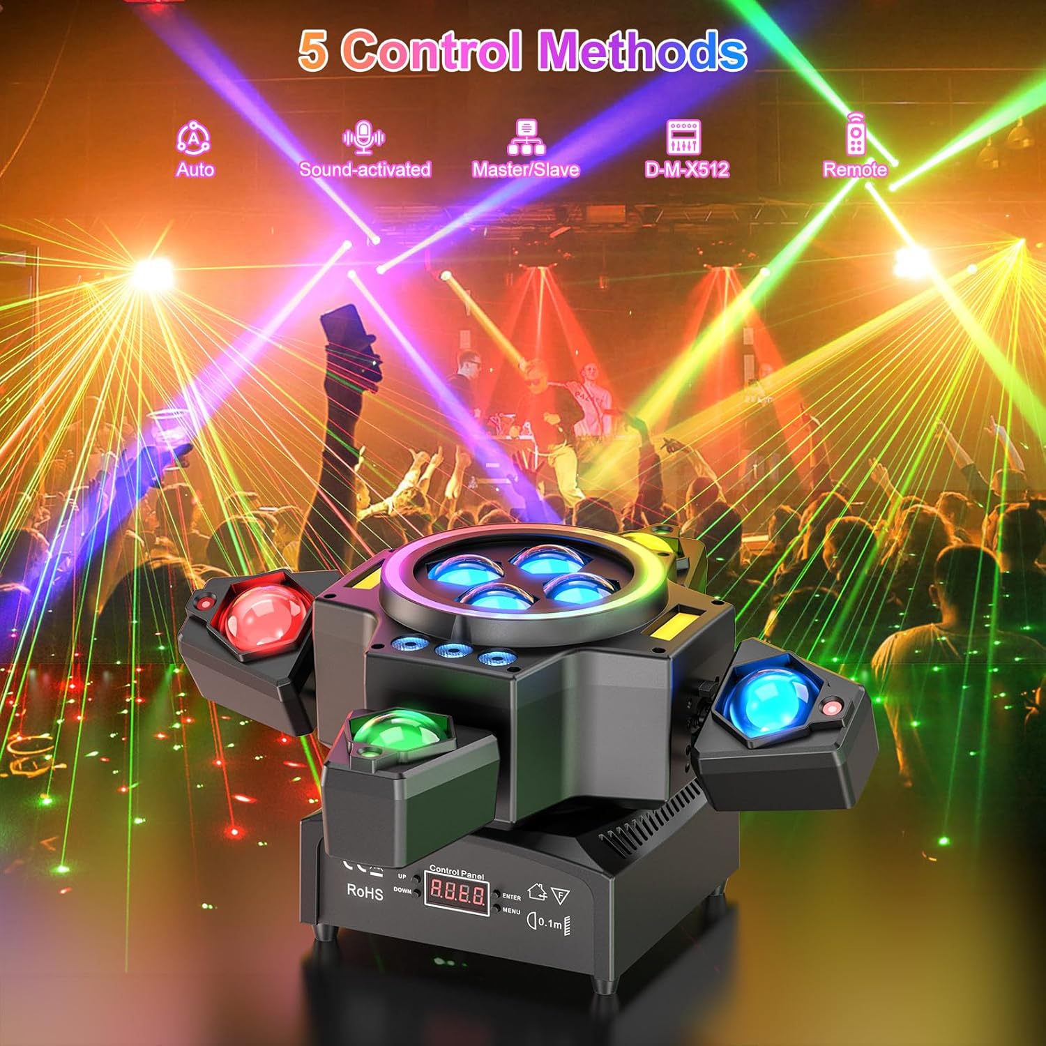 Bühnenlicht Strahl 150 W RGBW LED 4 Lampenarm Spotlight mit Fernbedienung Gold Strobe Partylicht Scheinwerfer für Disco DJ Bar Partys – 5