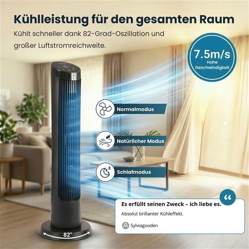 Turmventilator Standventilator Wurfweite 7,5 m Ventilator Fernbedienung leise 27-dB fürs Schlafzimmer 91 cm (36 Zoll) 4 Geschwindigkeitsstufen 7,5 m/s Oszillationsfunktion mit 12-Stunden-Timer – 2