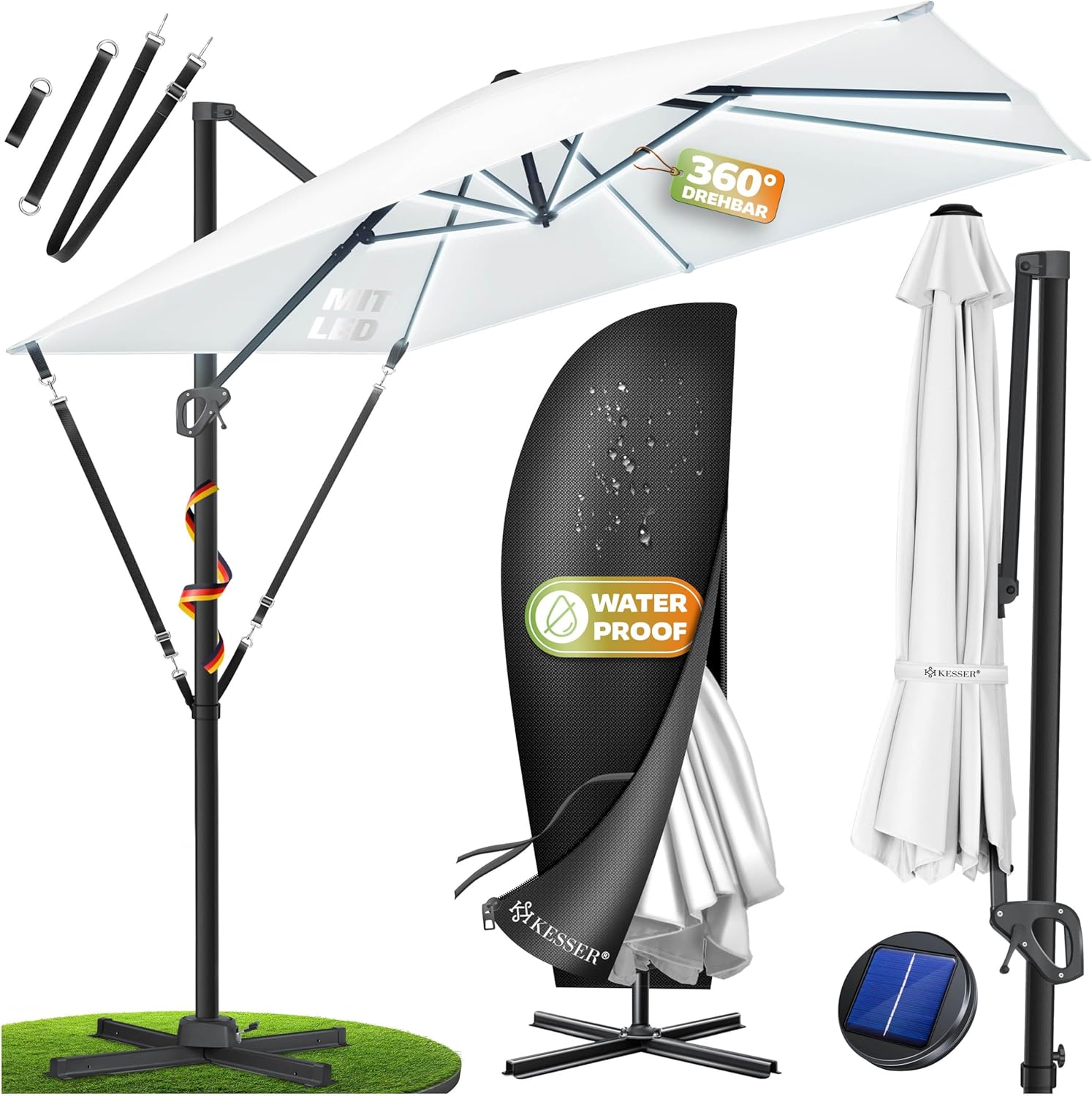 Sonnenschirm LED Beleuchtung Ampelschirm Marktschirm 300 x 300 cm inkl. Abdeckung + Windsicherung drehbar neigbar kippbar groß 360° Rotation Gartenschirm Kurbel
